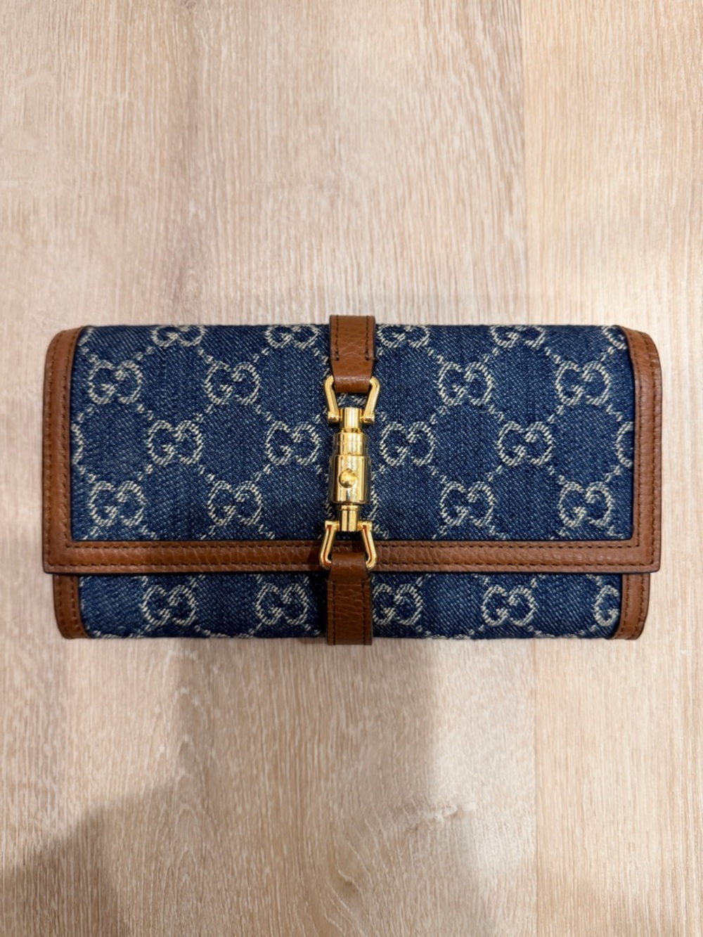 Gucci Blue Denim GG Monogram Continental Wallet with Brown Trim